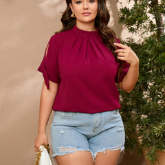 Solid Mock Neck Ruched Tie Sleeve Blouse