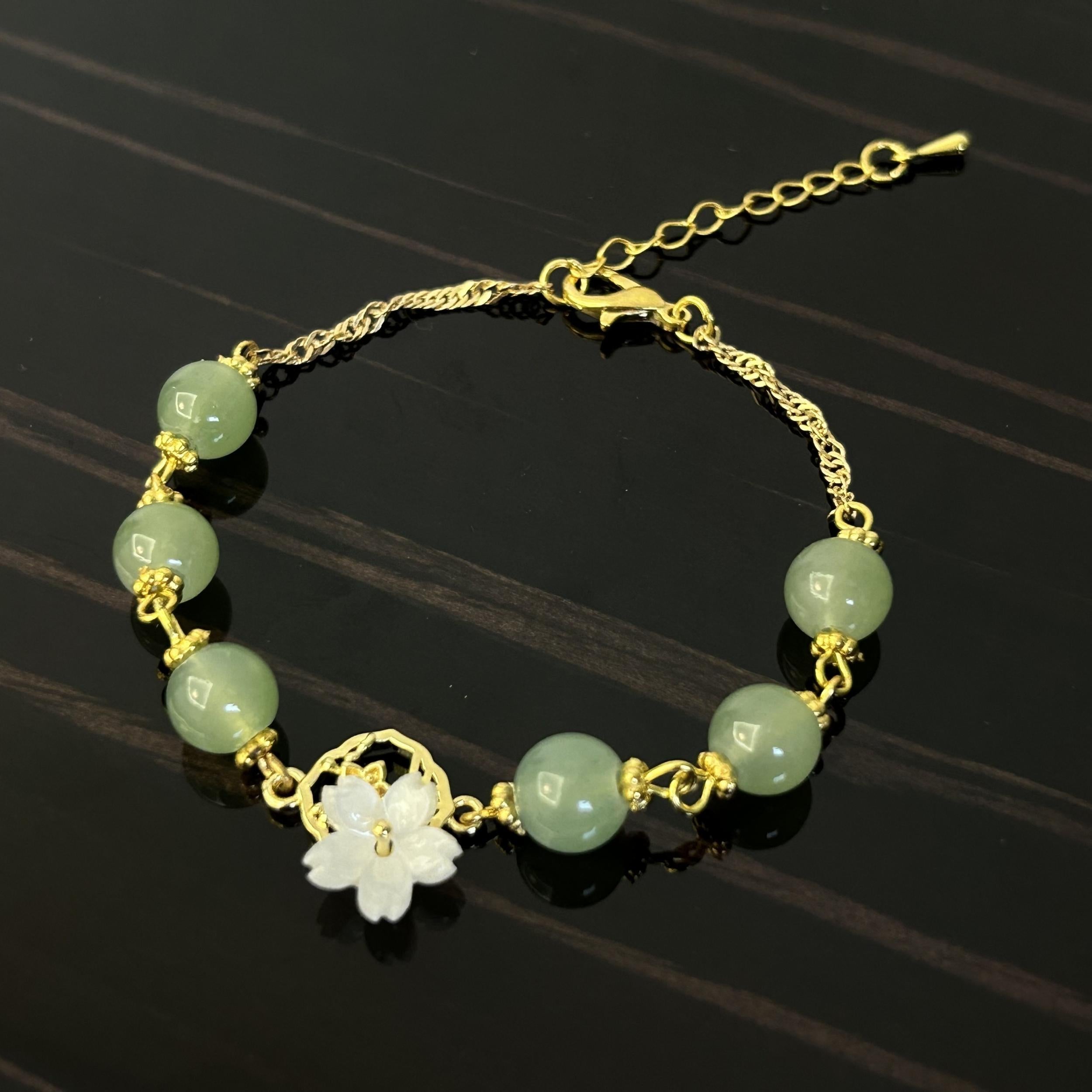 Peach Blossom Green Bead Bracelet - Chinese Style