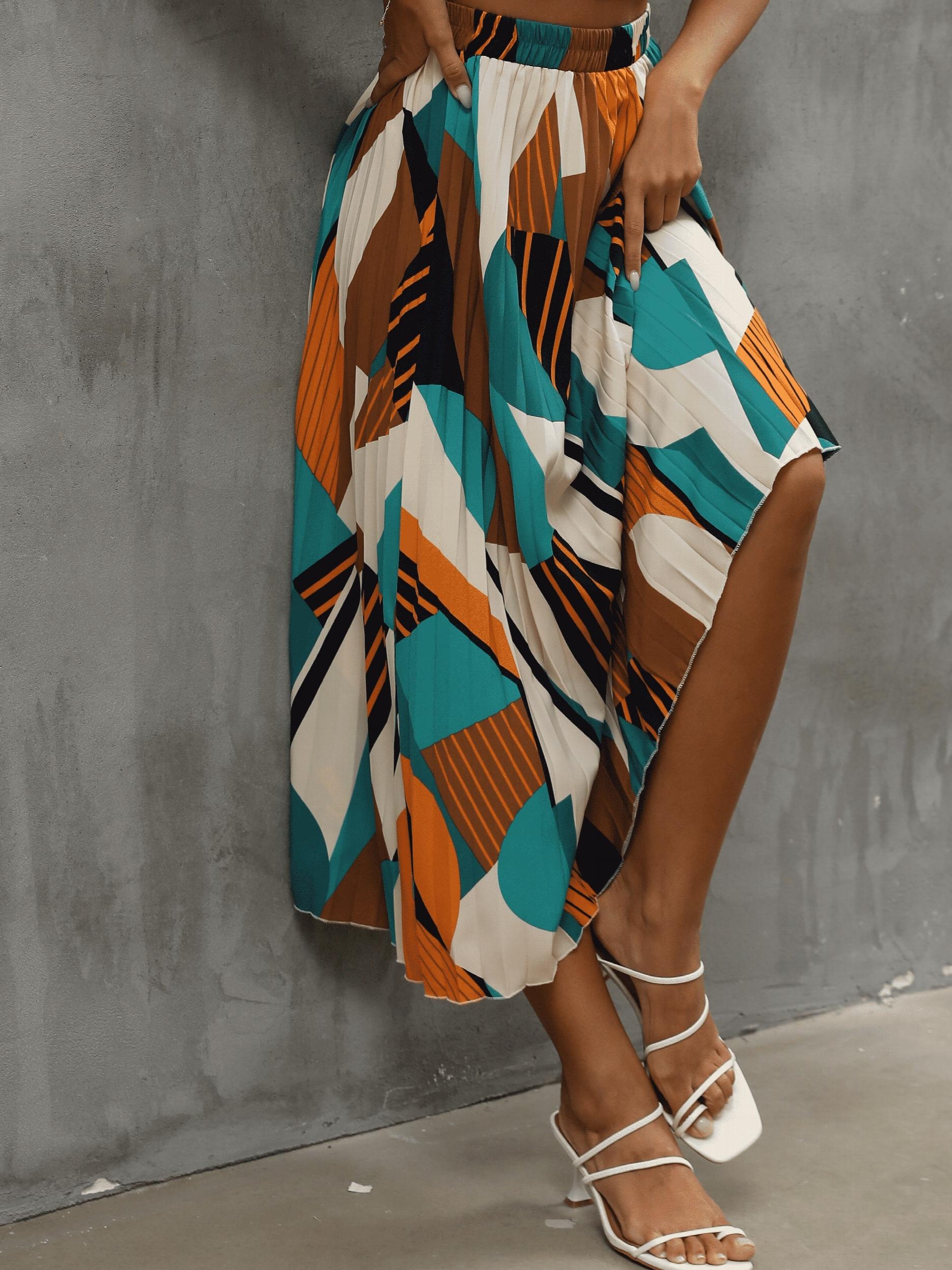 Pleated Geo Print High Waist Skirt - Boho Style