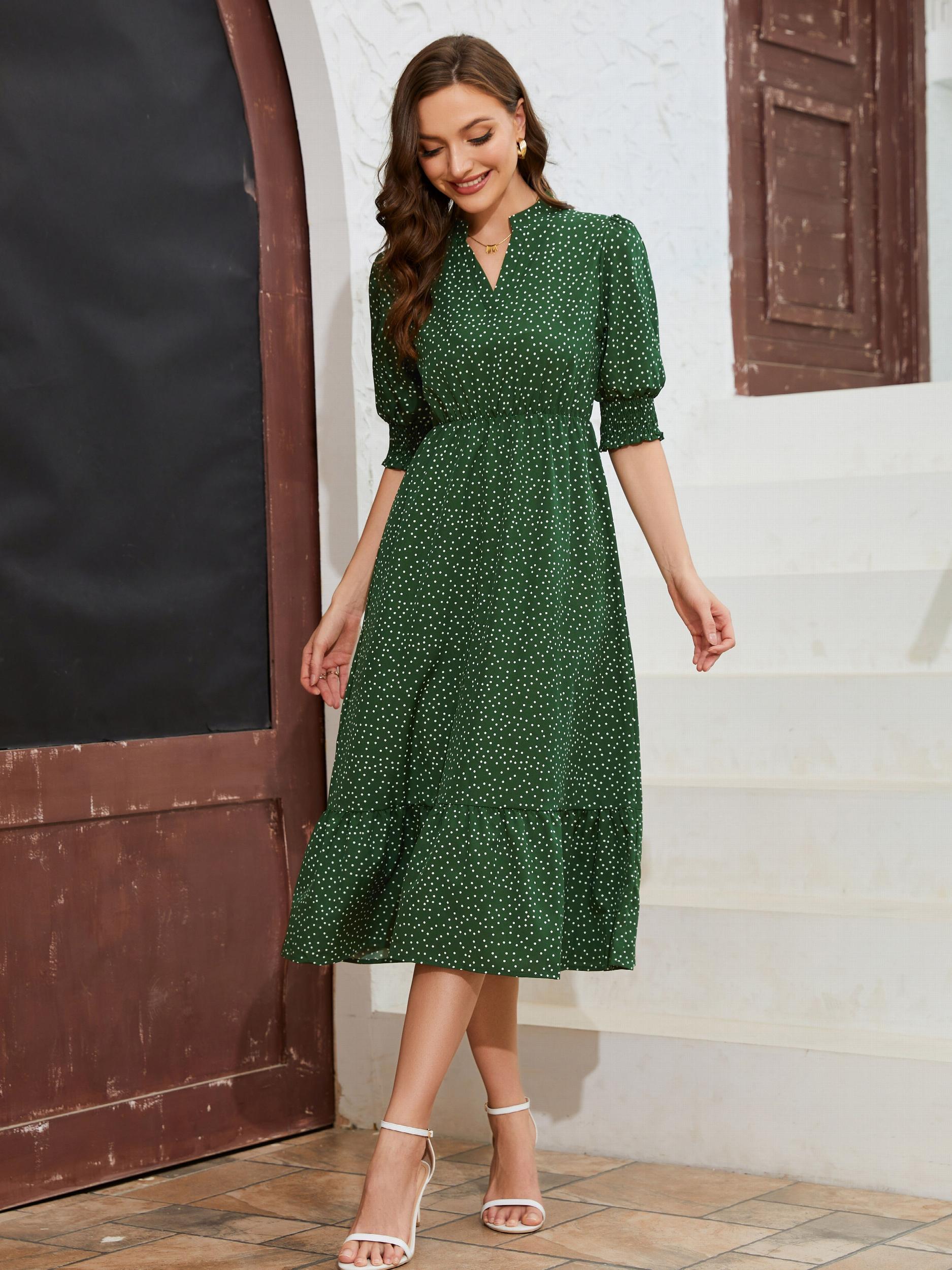 Polka Dot V Neck Shirred Cuff Dress Casual Short Sleeve Dress