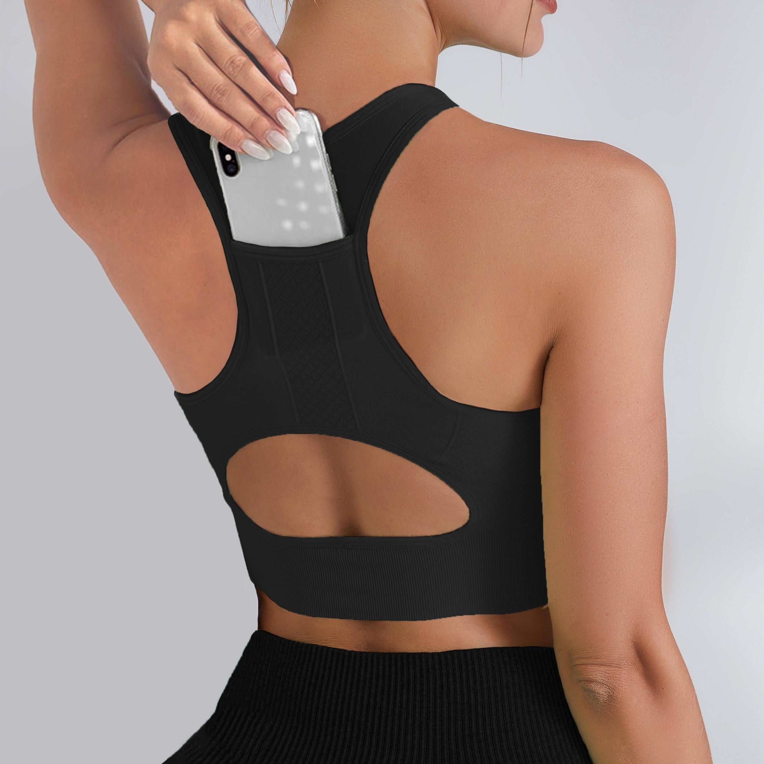 Women's Hollow Out Back Sport Bra With Pocket High Impact Running Yoga Tank Top