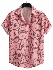 Cartoon Face Print Men's Casual Short Sleeve Shirt