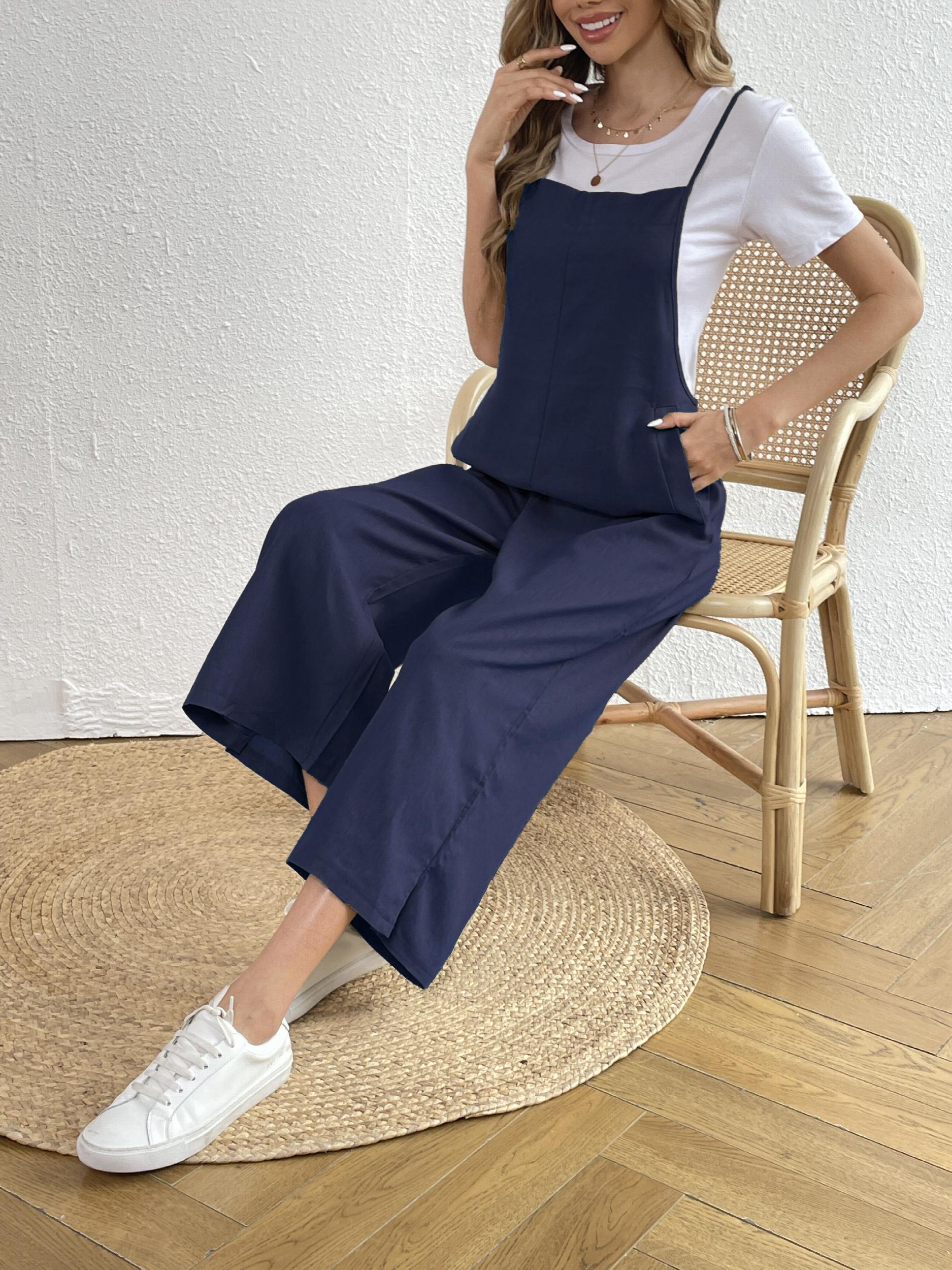 Solid Spaghetti Jumpsuit Wide Leg Jumpsuit With Pockets