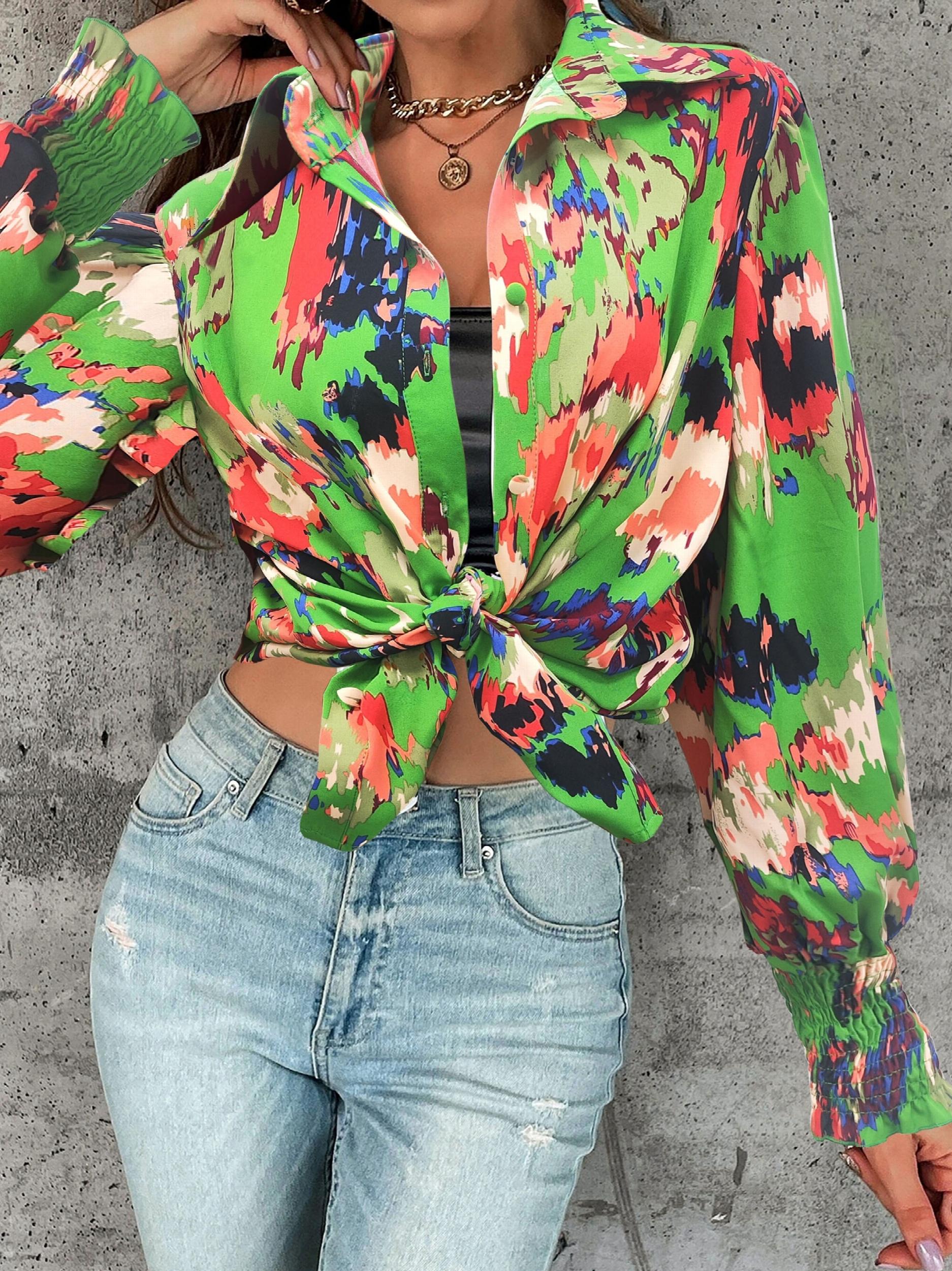 Colorblock Button Up Lantern Sleeve Blouse