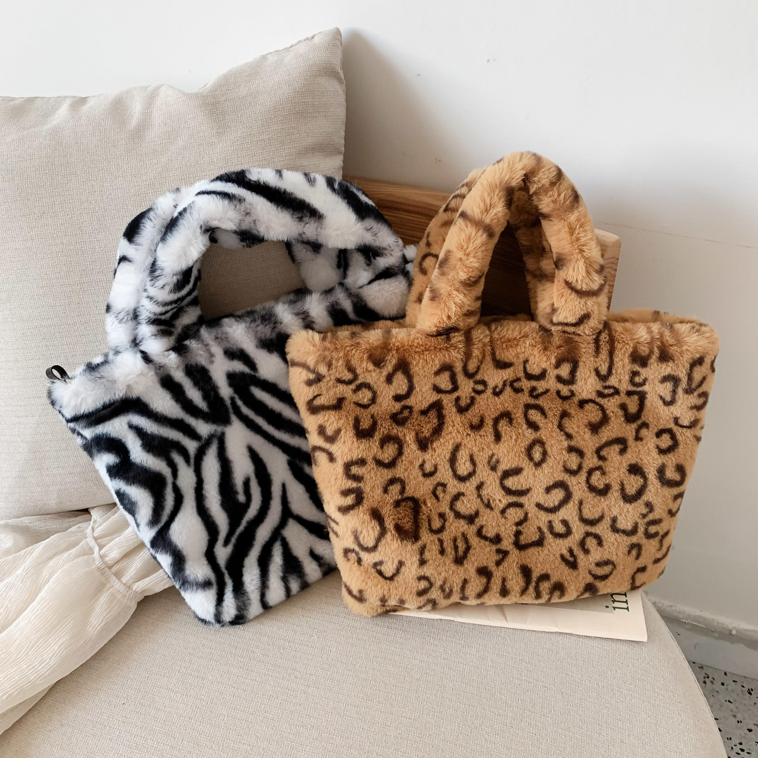 Leopard Faux Fur Shoulder Bag Chain Messenger Large Plush Handbag