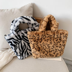 Leopard Faux Fur Shoulder Bag Chain Messenger Large Plush Handbag