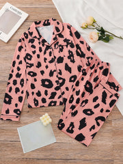 Leopard Print Pajama Set Long Sleeve Top & Pants Women's Sleepwear