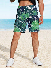 Tropical Leaf Print Swim Trunks Quick Dry Beach Shorts Men's Swimwear