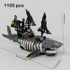1155pcs Ghost Shark Pirate Building Blocks MOC Skeleton Crew Green Sails