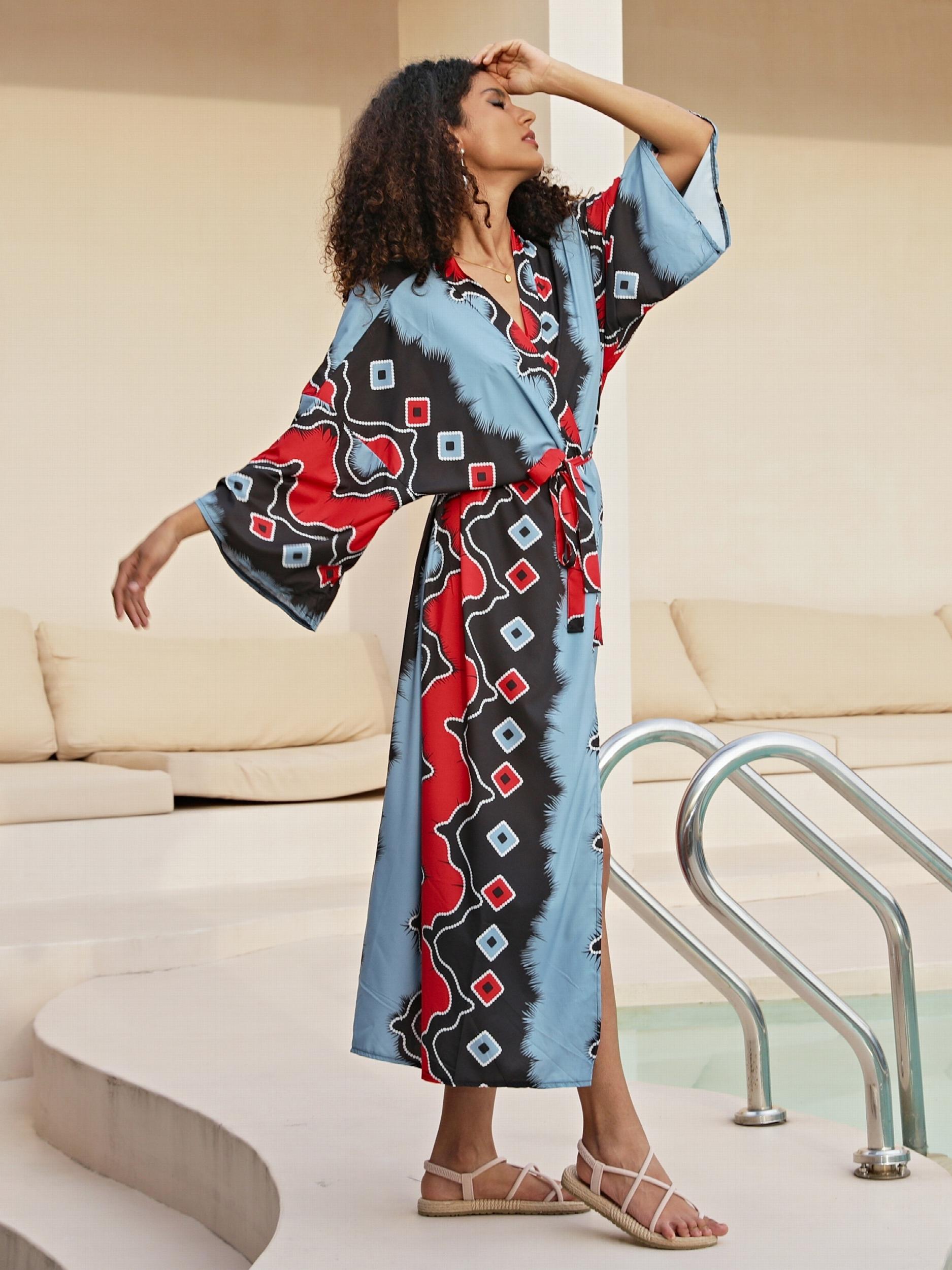 Geometric Print Colorblock Plus Size Cover Up with Belt