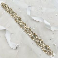 Handcrafted Golden Bridal Sash with Glass Beads & Rhjsonestones