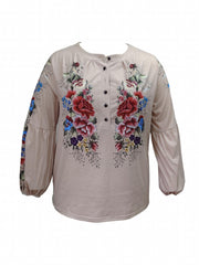 Floral Embroidered Lantern Sleeve Polo Neck Top