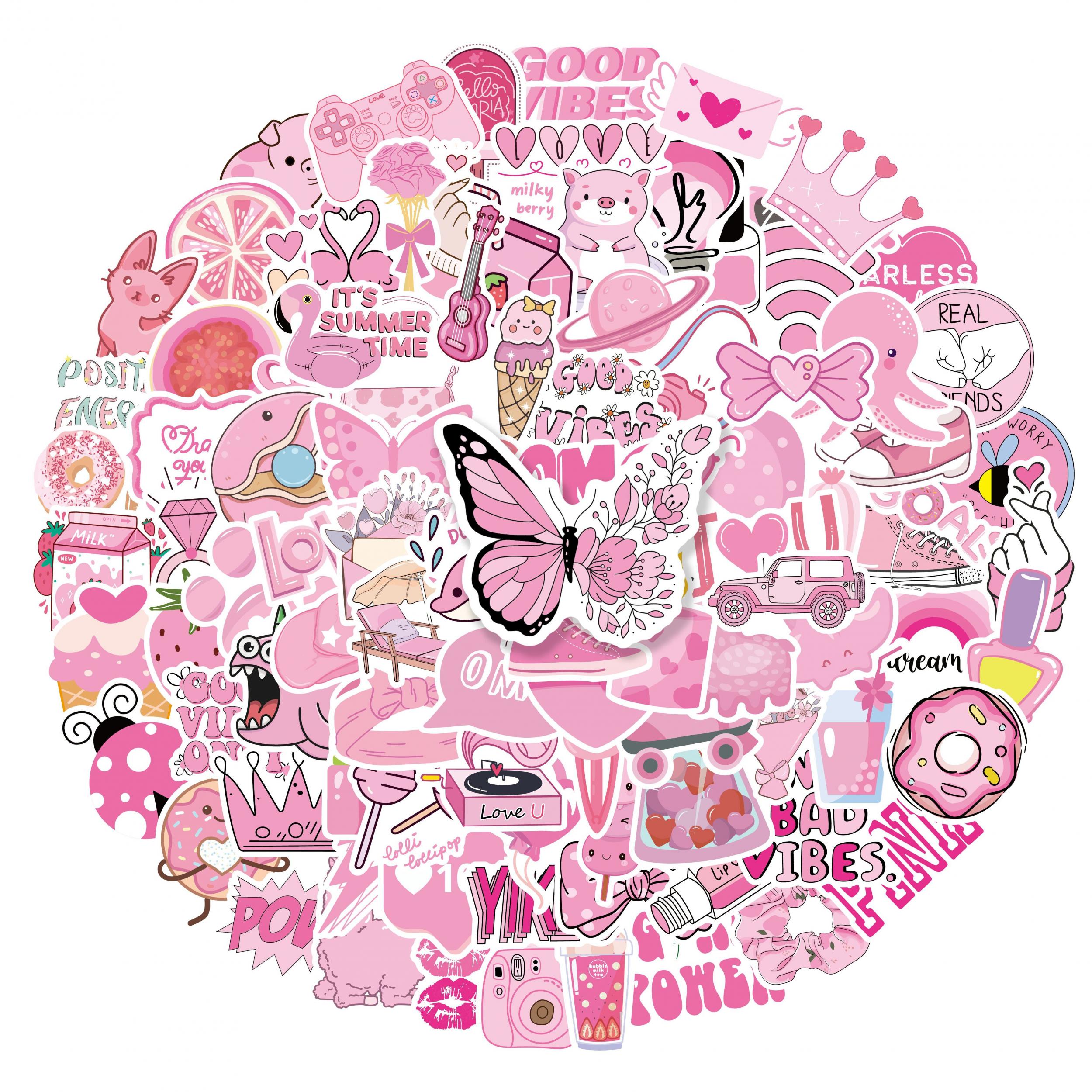 100 Pink Cartoon Vinyl Stickers for Water Bottles Laptop Luggage G