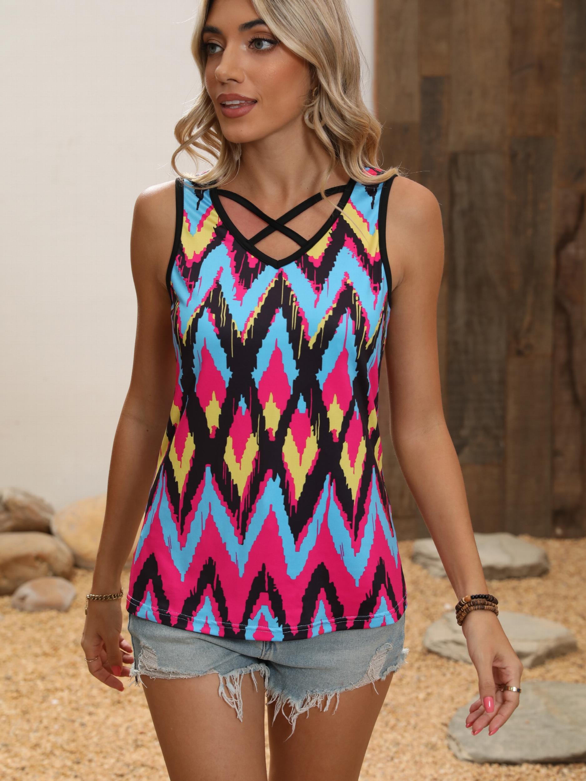 Geometric Print Cross V Neck Tank Top Summer Sleeveless