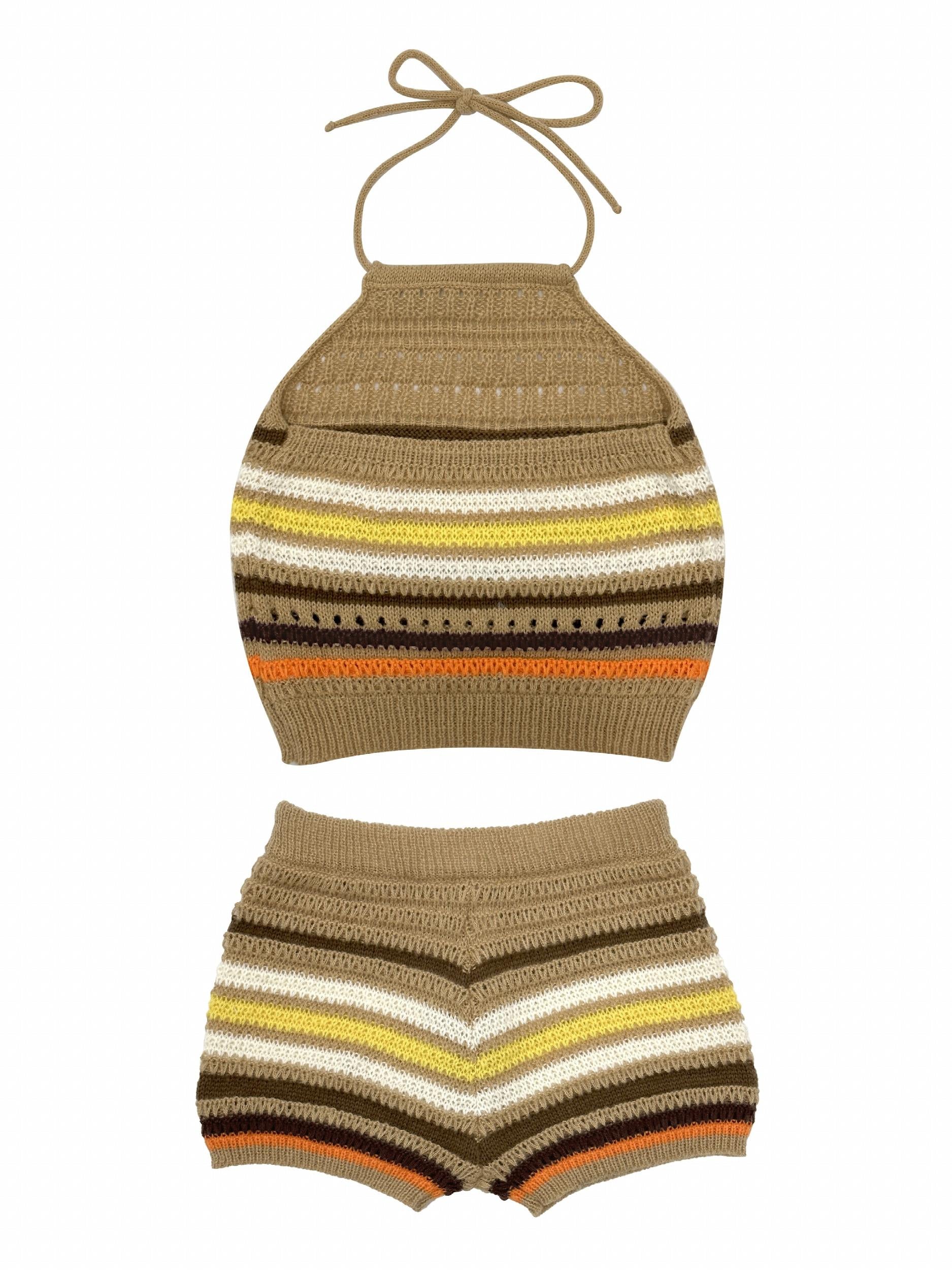 Striped Print Two piece Set Y2K Halter Top & Shorts