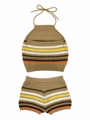 Striped Print Two piece Set Y2K Halter Top & Shorts