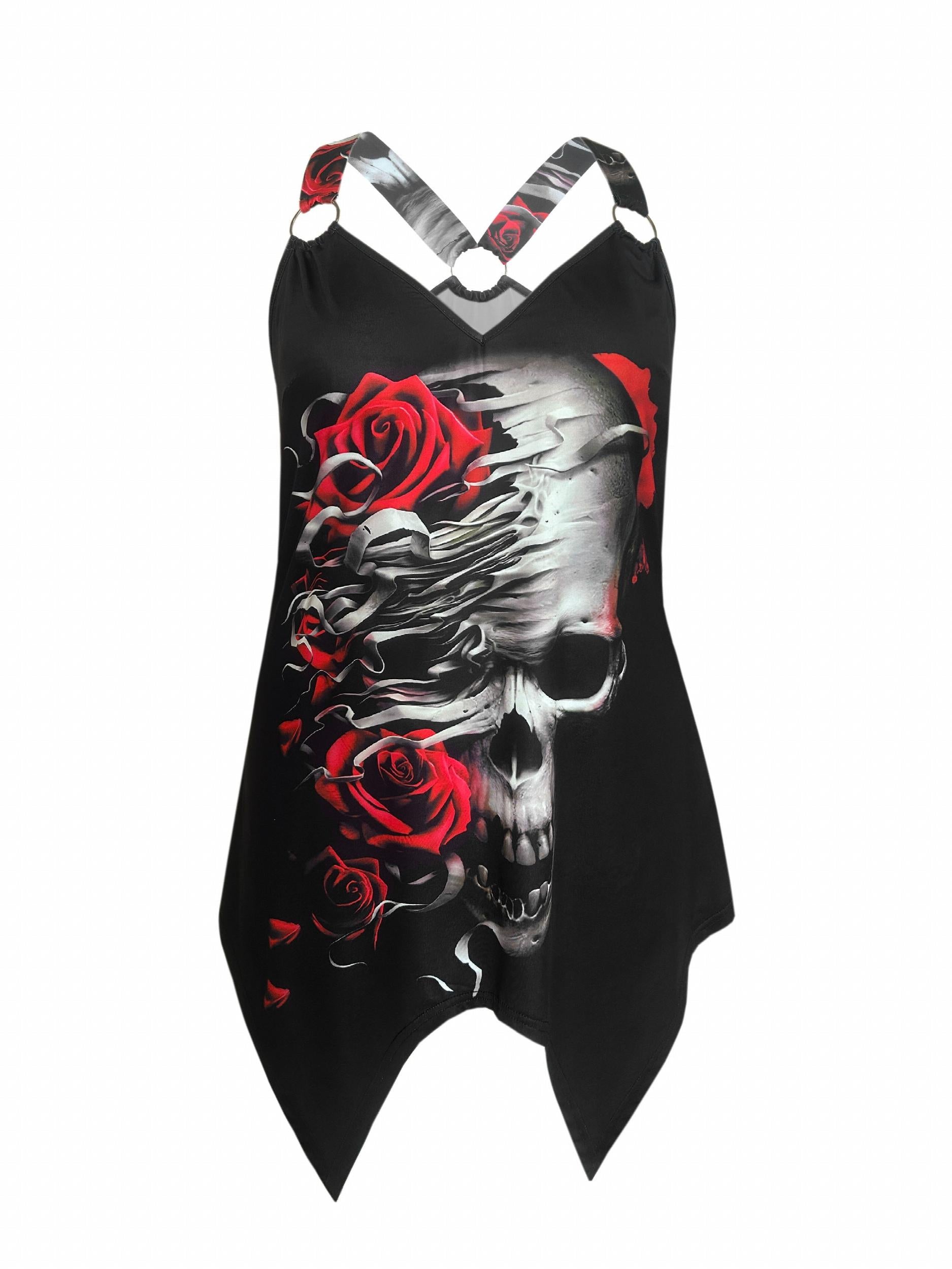 Gothic Skull & Rose Print Cami Top