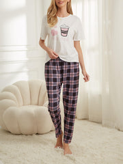 Print Pajama Set Short Sleeve Top & Plaid Lounge Pants Sleepwear