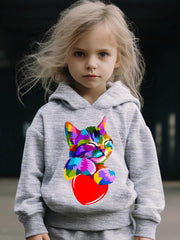 Girls 2pcs Cat Pattern Hooded Sweatshirt & Sweatpants Set
