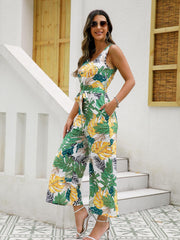 Boho Tropical Print Wide Leg Jumpsuit V Neck Sleeveless Tank Jumpsuit