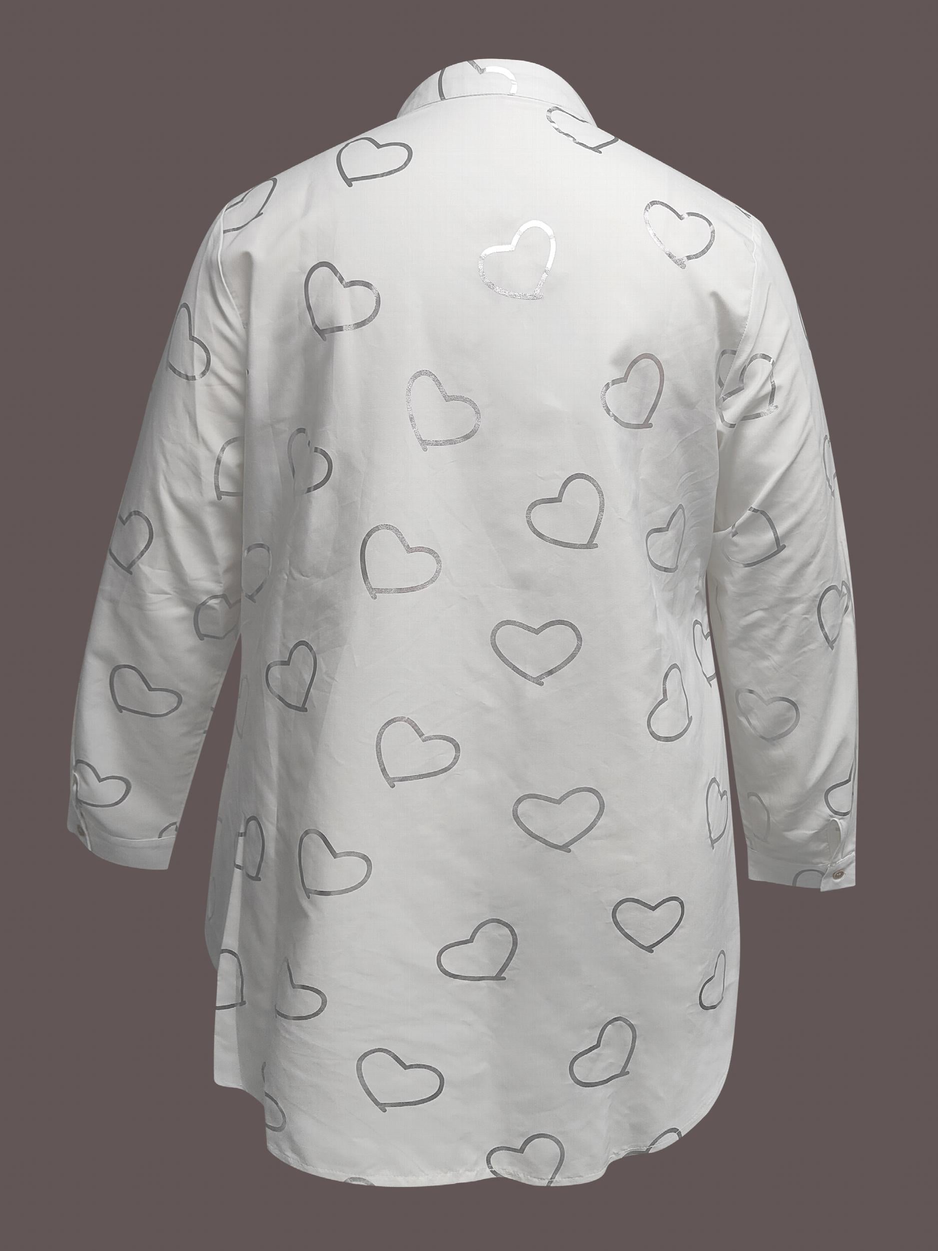Heart Print Button Up Long Sleeve Stand Collar Mini Shirt Dress