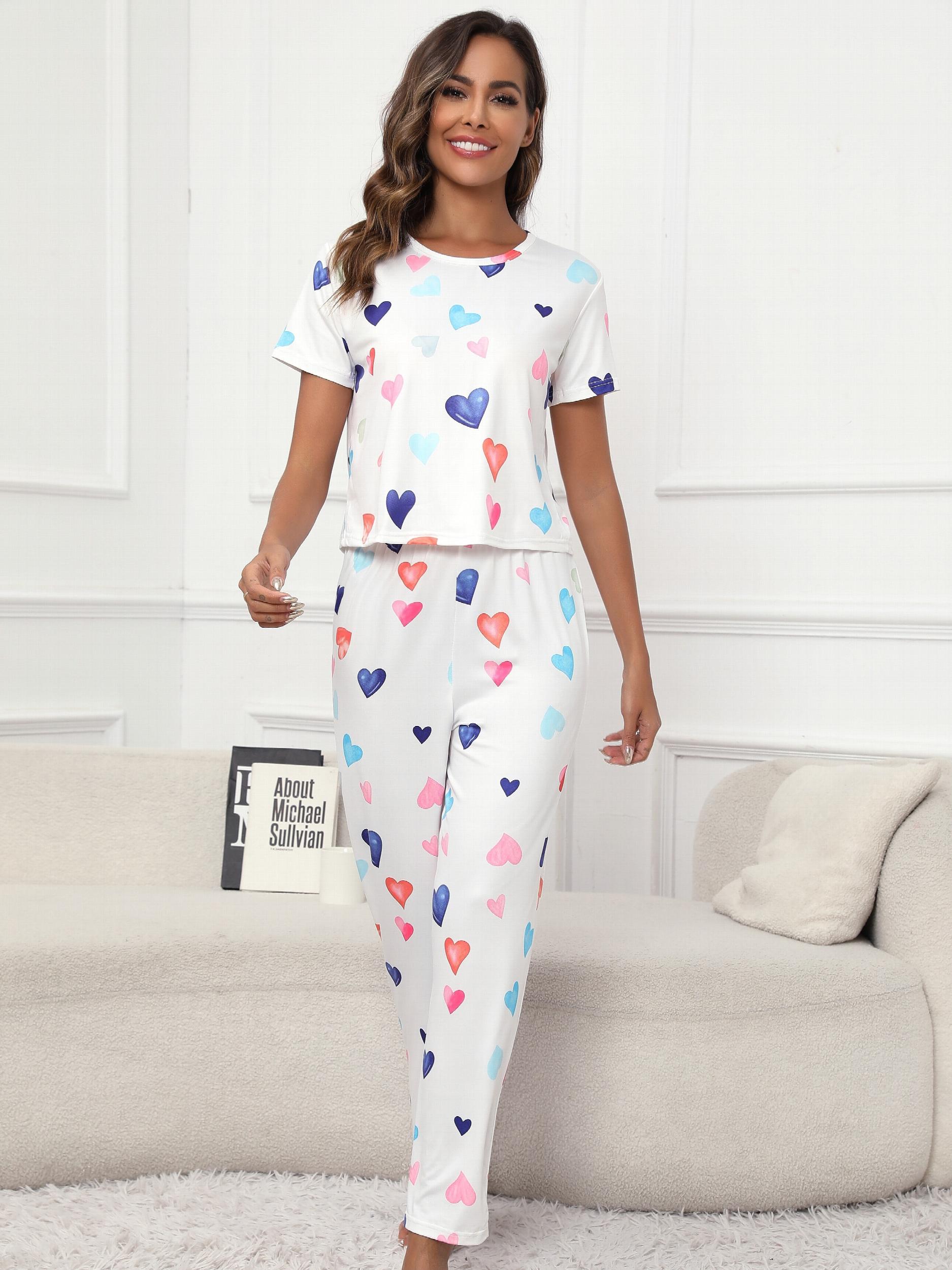 Heart Print Pajamas Set Short Sleeve Tee & Lounge Pants Women's Sleepwear