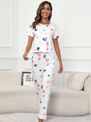 Heart Print Pajamas Set Short Sleeve Tee & Lounge Pants Women's Sleepwear