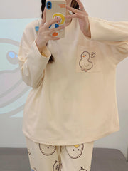 Duck Print Pajama Set Long Sleeve Top & Elastic Waistband Pants