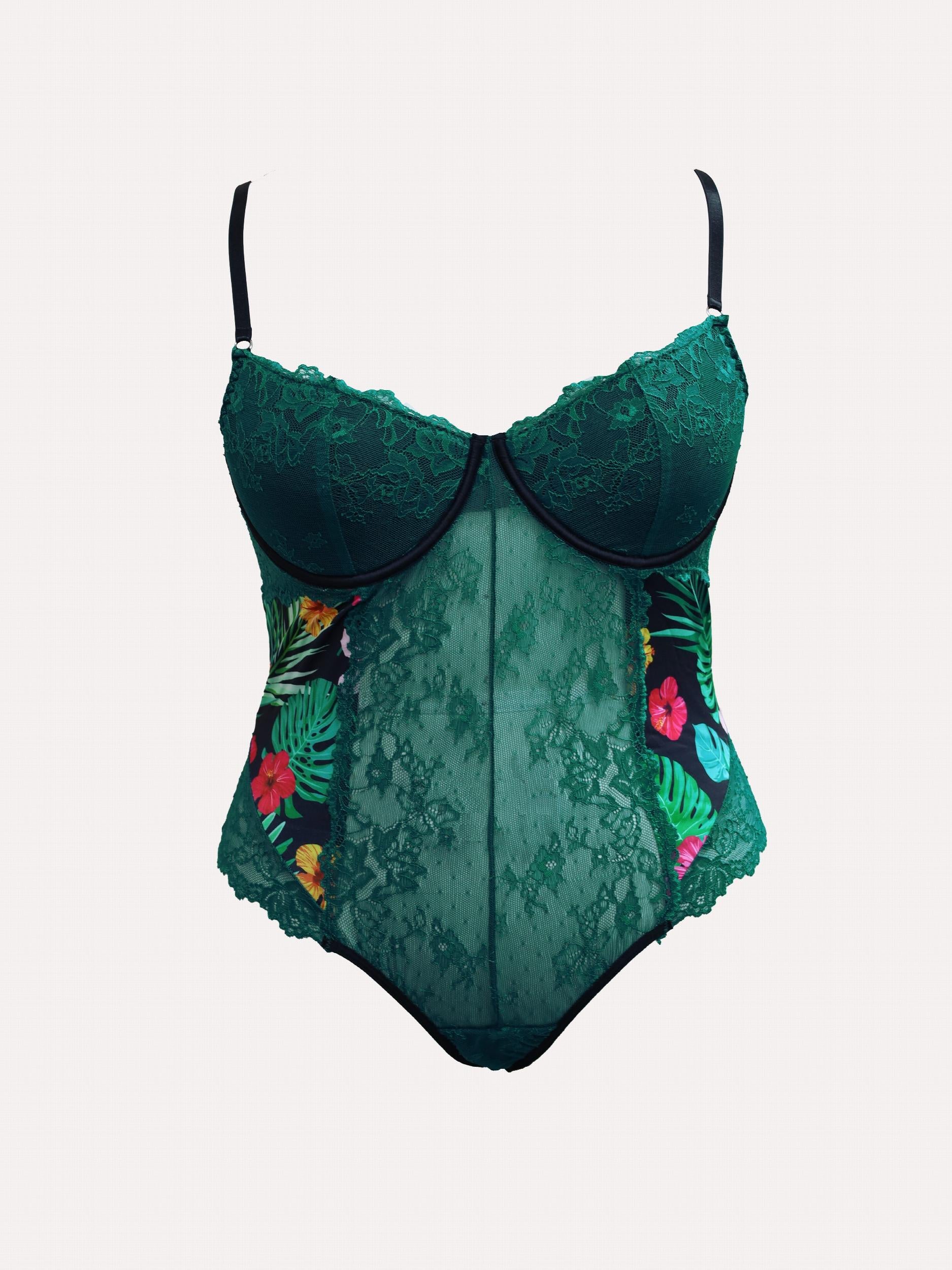 Tropical Print Lace Underwire Teddy Bodysuit