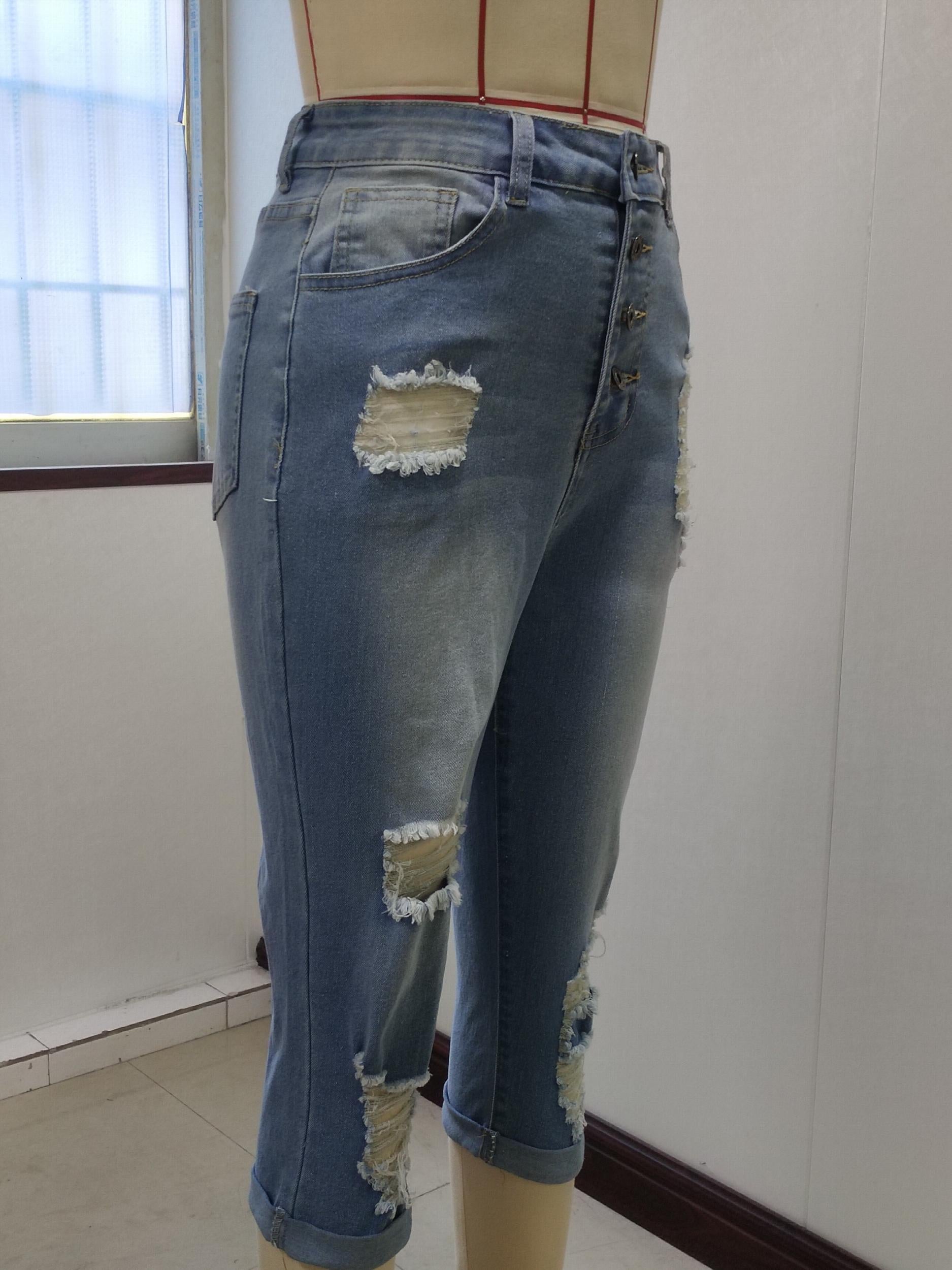Dark Ripped Denim Shorts Slim Fit Distressed Slash Pockets