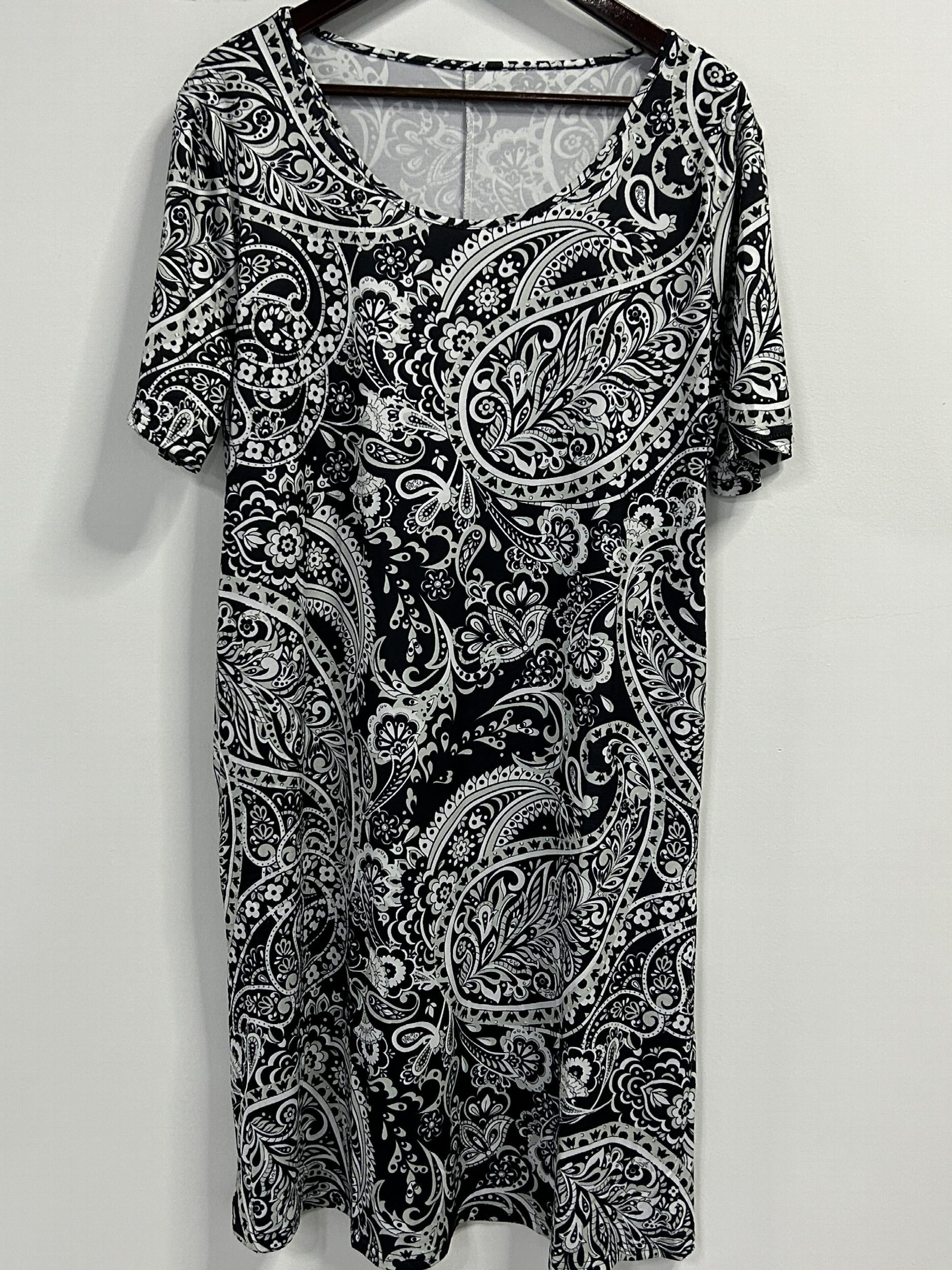 Paisley Print Short Sleeve Casual Dress with Pockets