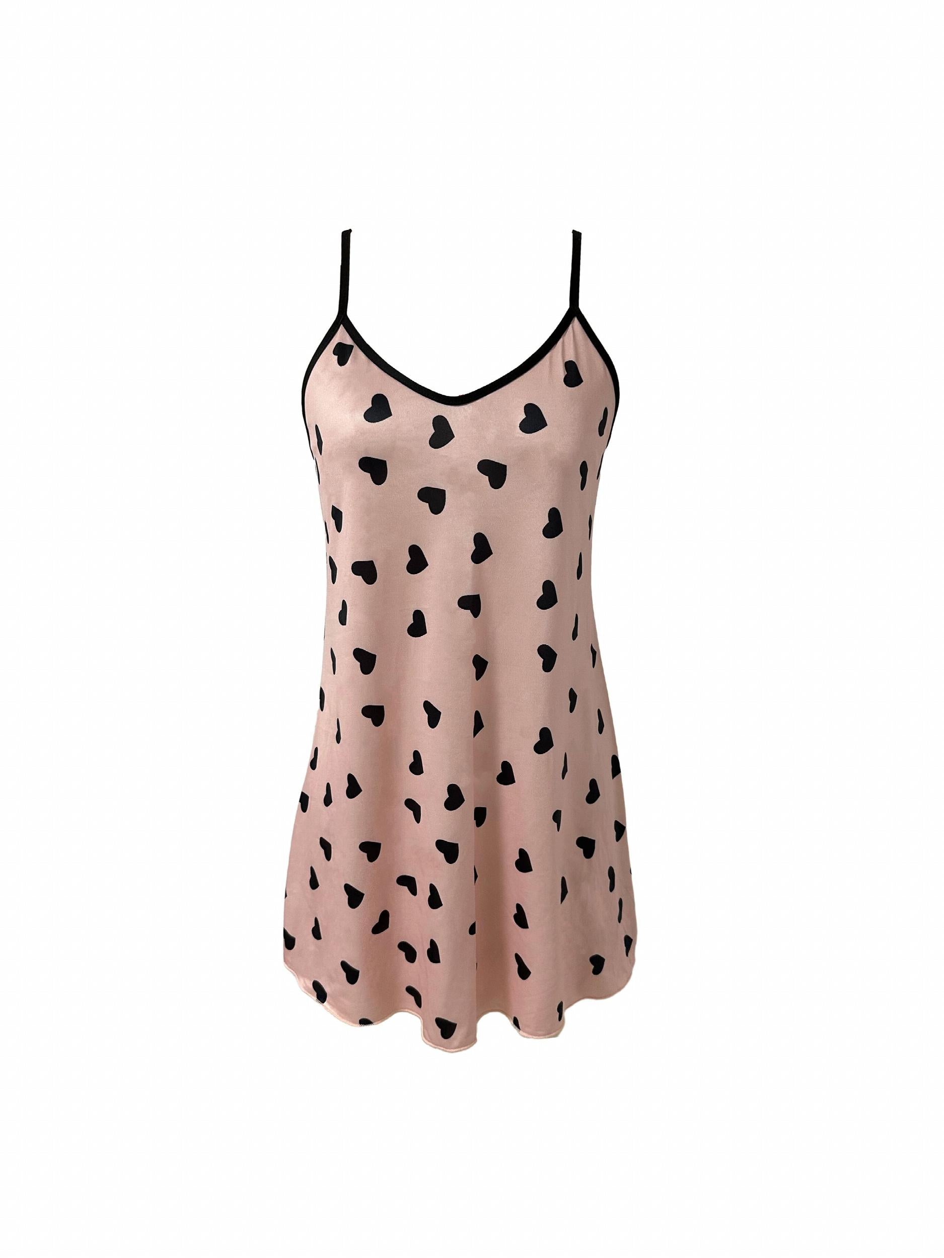 Heart Print Slip Lounge Dress V Neck Backless Home Dress Women's Loungewear