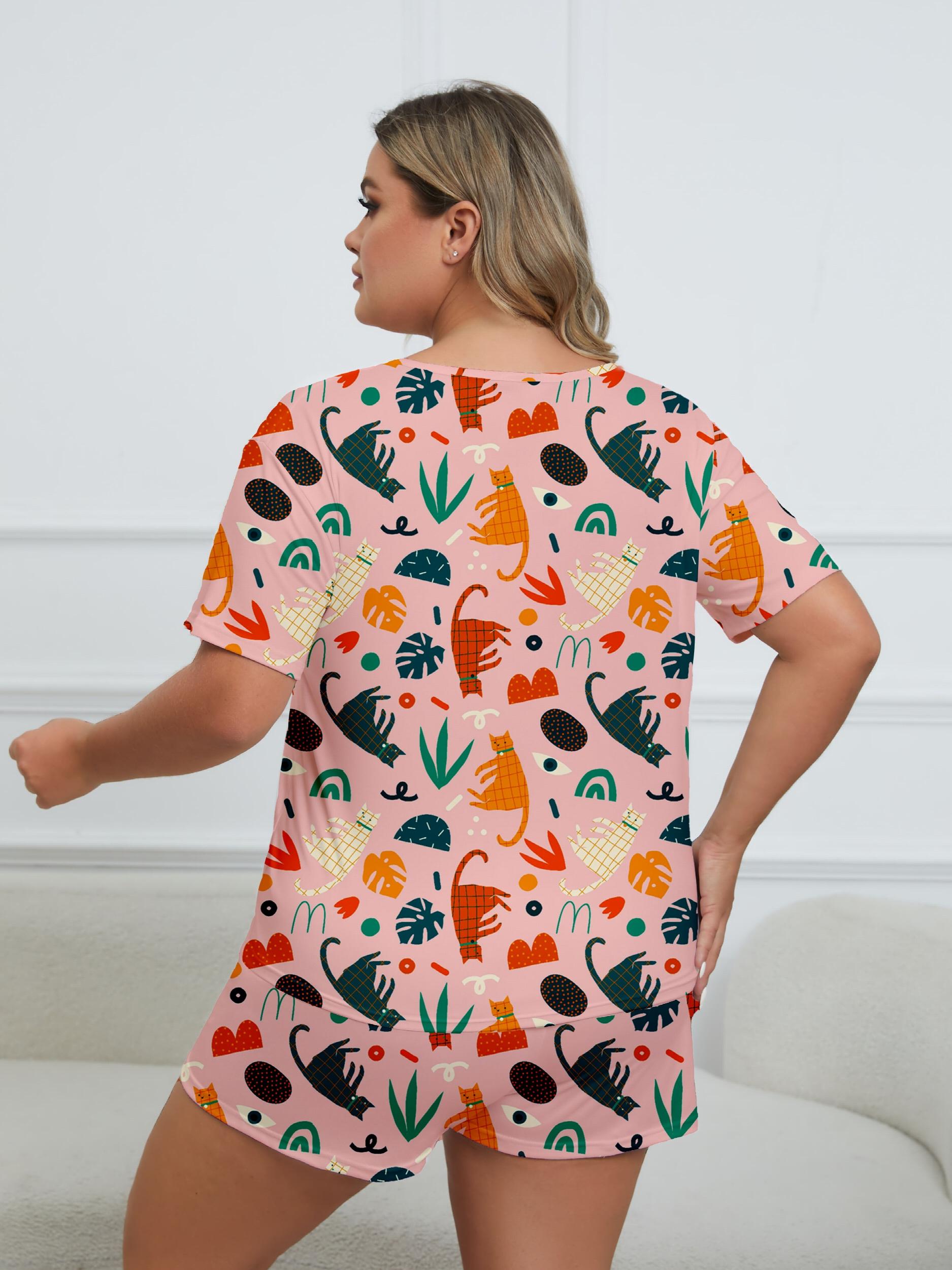 Cat & Leaf Print Tee & Shorts Pajama 2 Piece Set