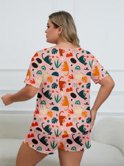 Cat & Leaf Print Tee & Shorts Pajama 2 Piece Set