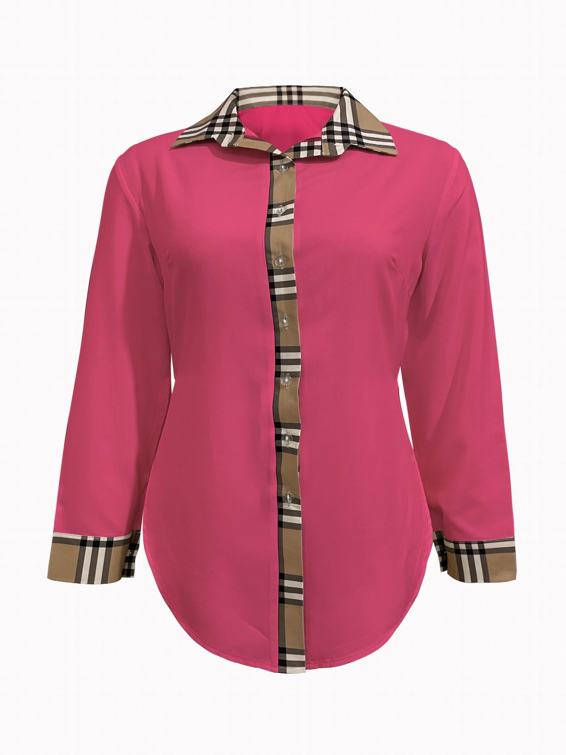 Colorblock Plaid Print Long Sleeve Button Up Lapel Collar Shirt