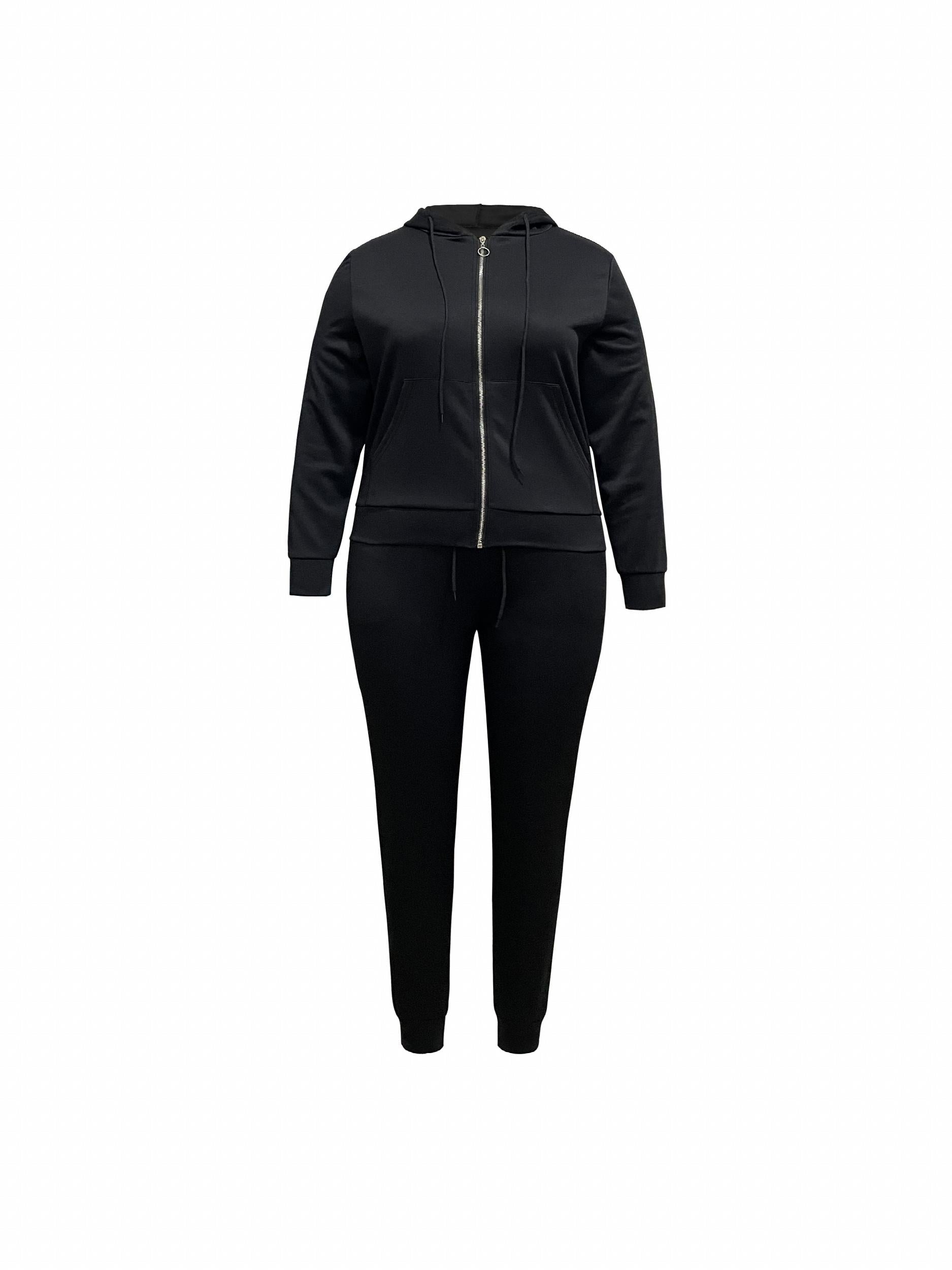 Plus Solid Zip Up Hoodie & Pants 2 Piece Set