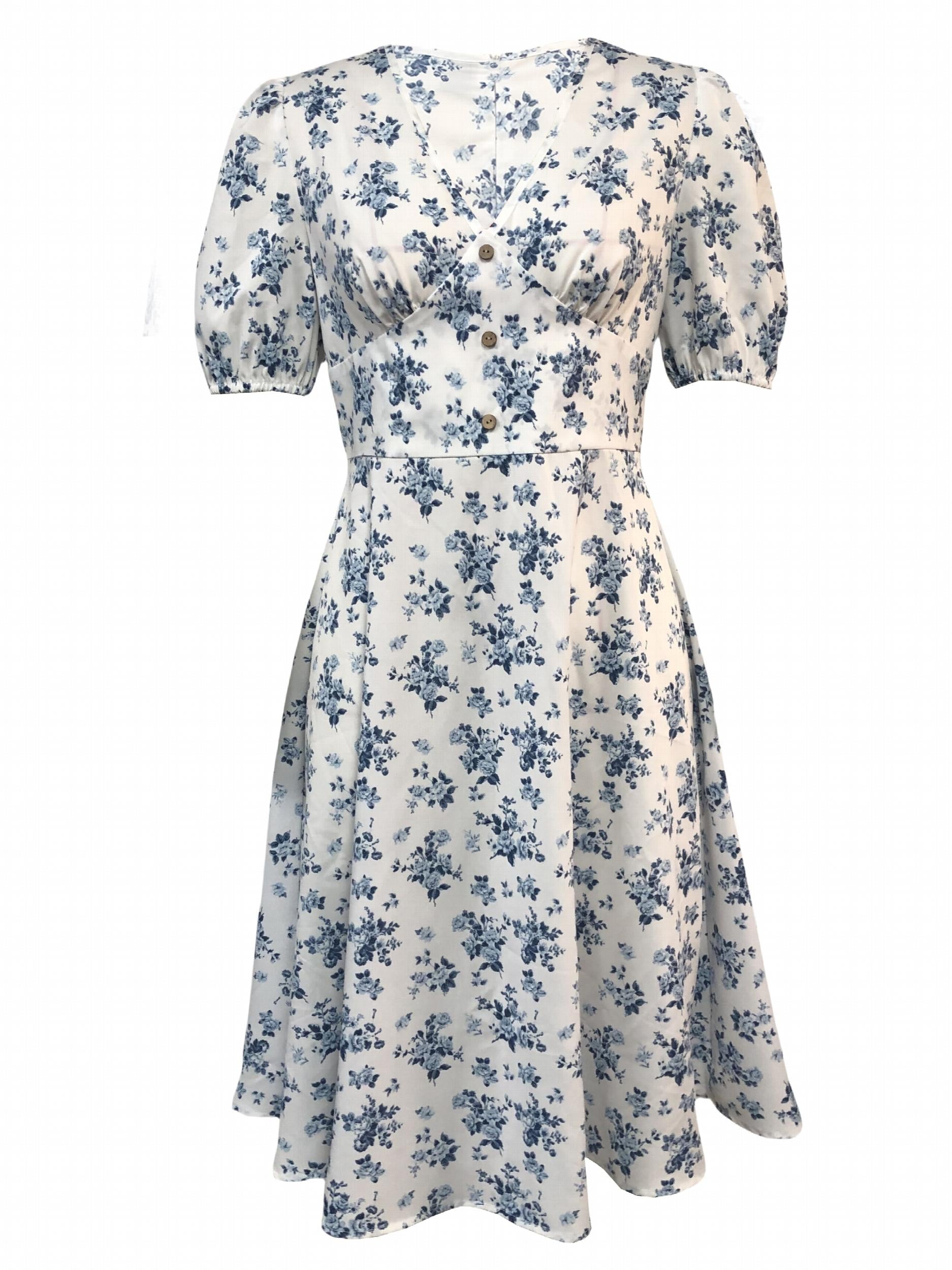 Floral Print V Neck Dress Short Sleeve Dress Spring Summer
