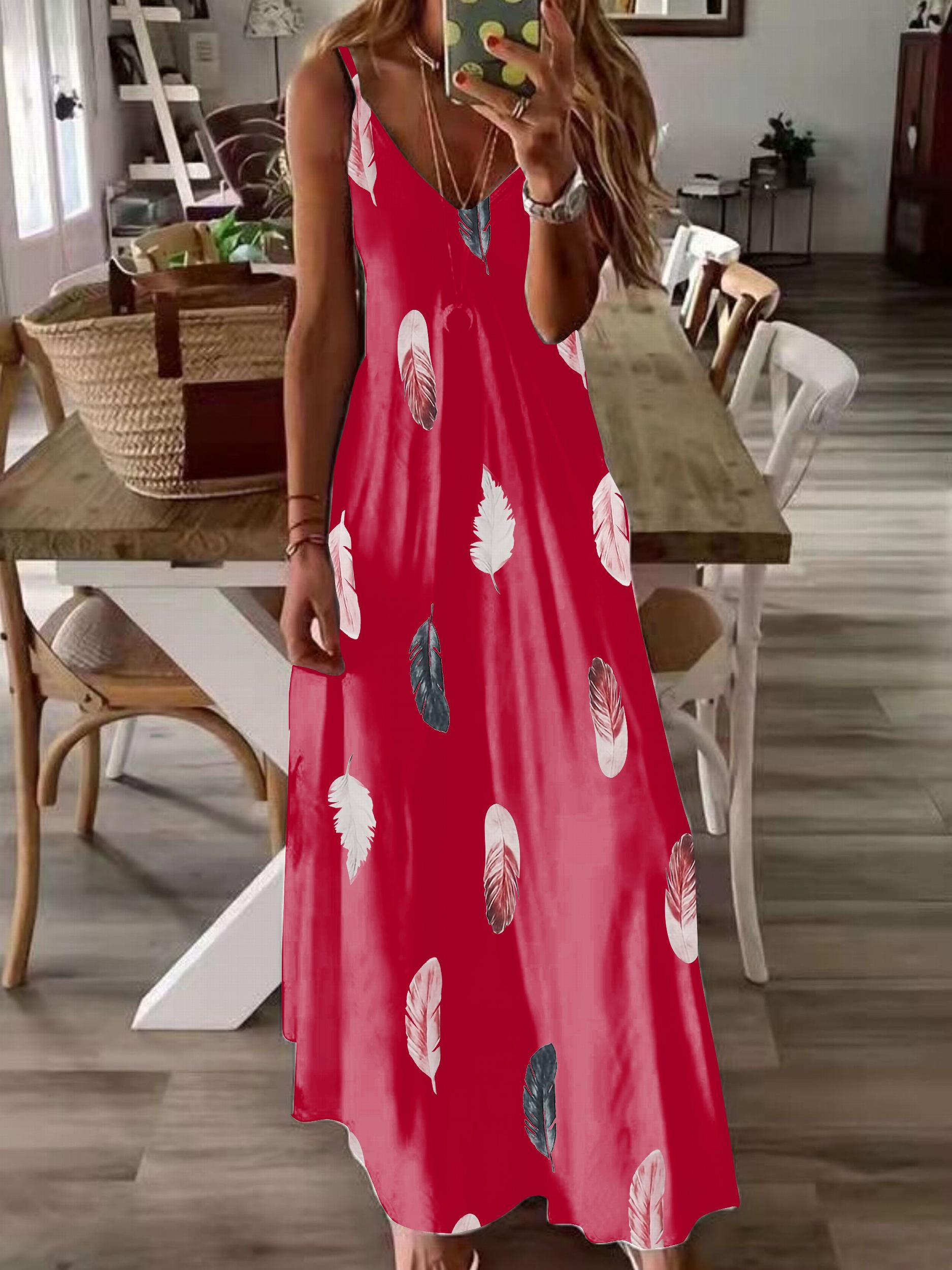 Feather Print V Neck Maxi Cami Dress