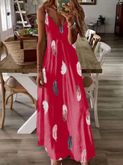 Feather Print V Neck Maxi Cami Dress