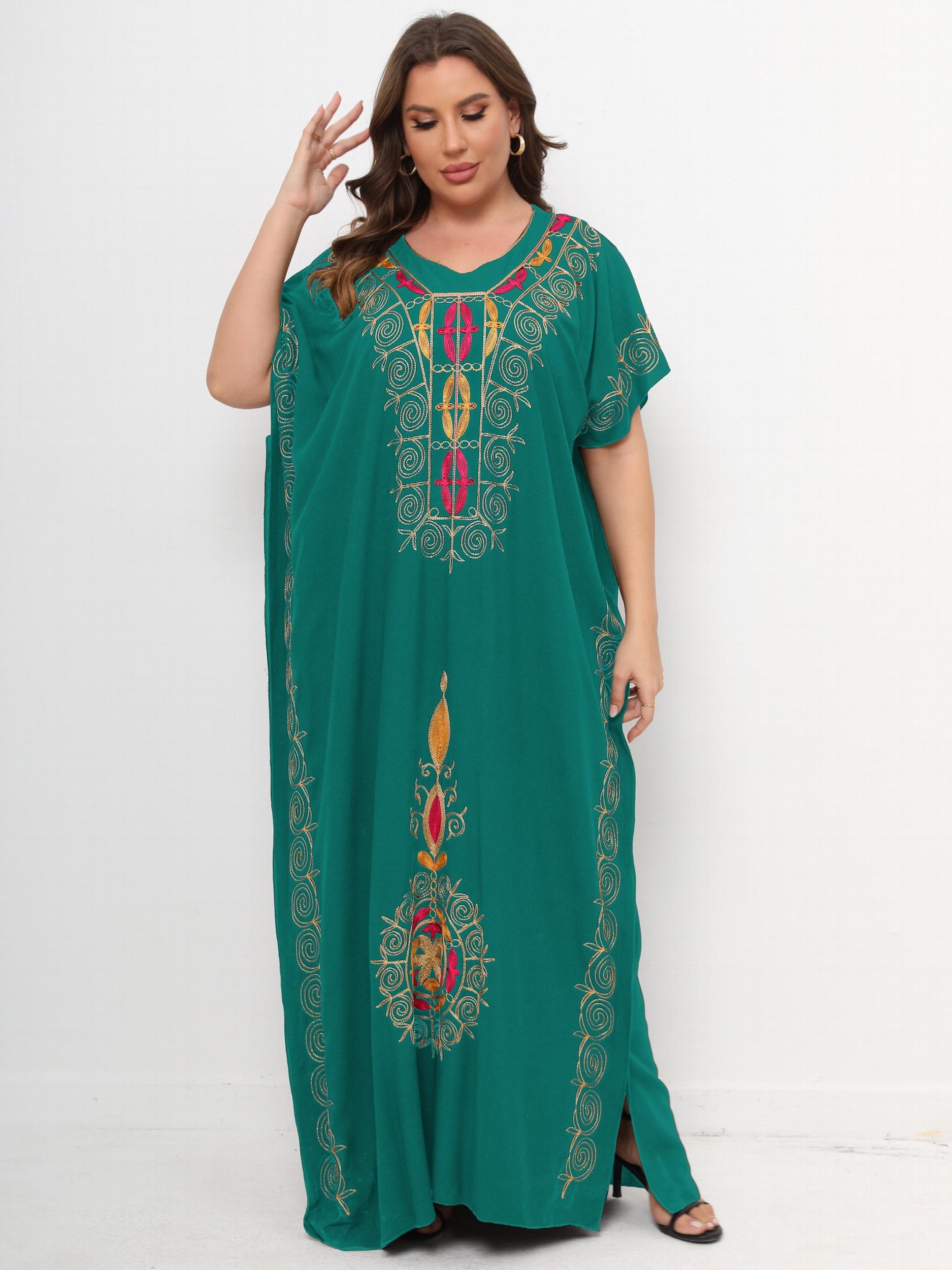 Kaftan Dress Women's Plus Floral Embroidered Batwing Sleeve V Neck