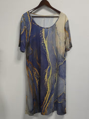 Women's Plus Marble Print Short Sleeve Round Neck Dress With Pockets