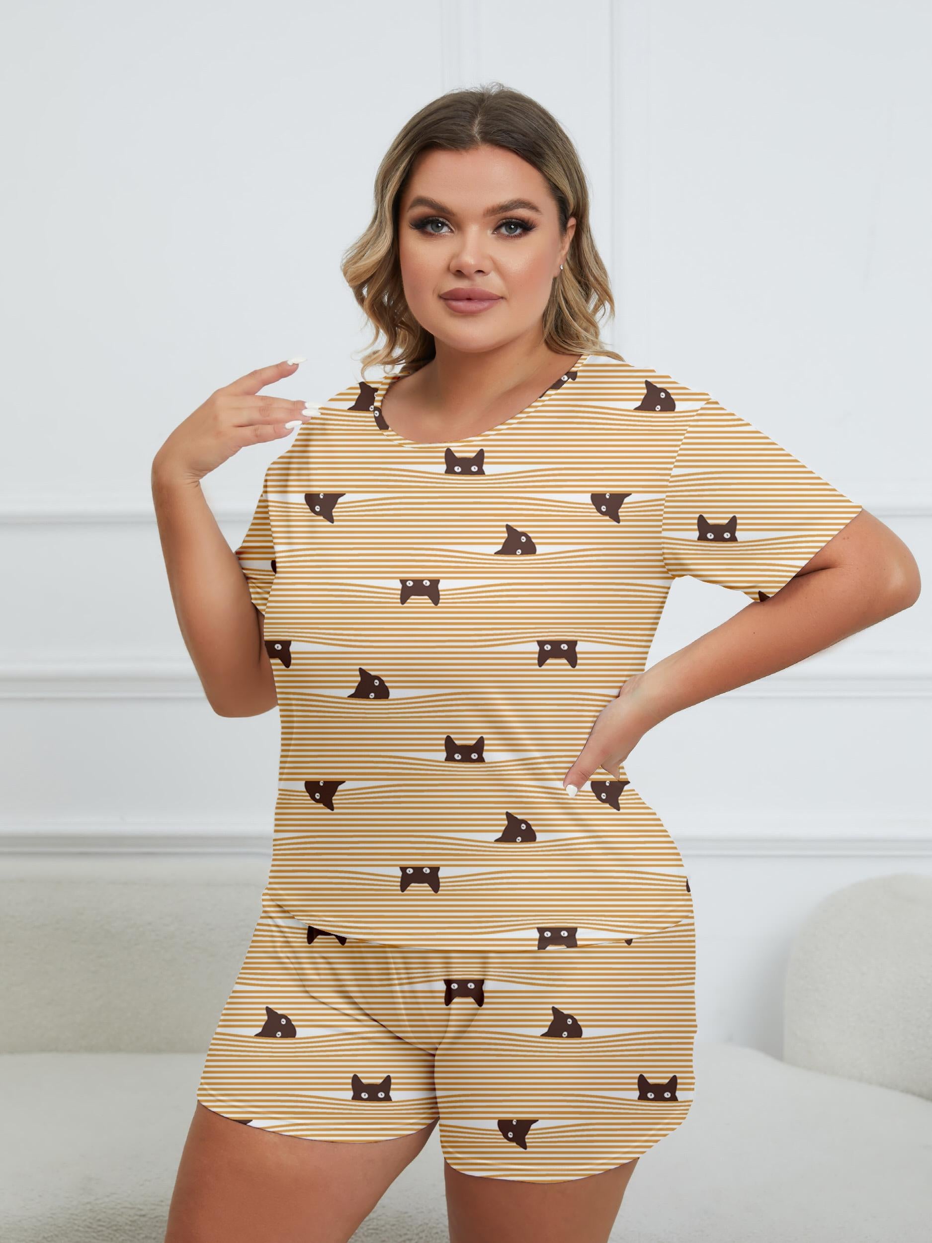 Cartoon Cat Stripe Print Pajama Set Women's Breathable Loungewear