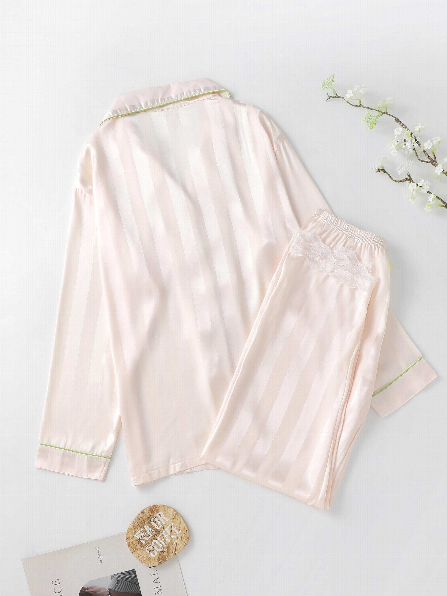 Striped Satin PJ Set Long Sleeve Top & Lace Trim Pants Sleepwear