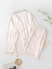 Striped Satin PJ Set Long Sleeve Top & Lace Trim Pants Sleepwear