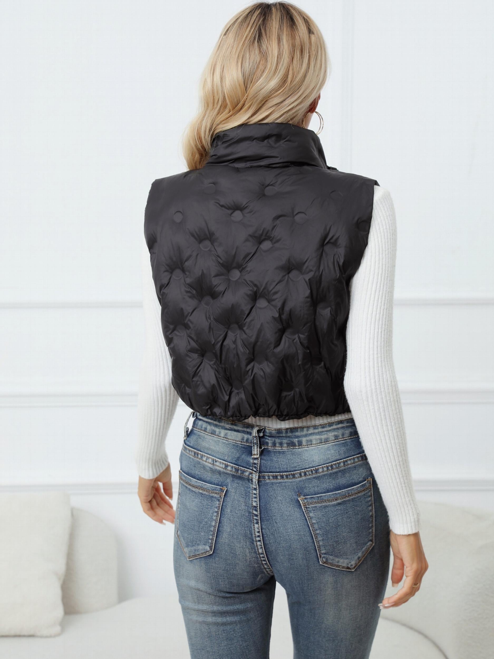 Solid Zip Up Vest Sleeveless High Neck Women's Clothing