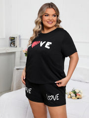Women's Pajama Set Letter & Heart Print T Shirt & Shorts L