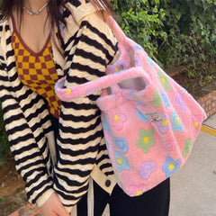 Floral Shoulder Bag Women Faux Fur Tote Large Capacity Handbag
