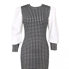 Houndstooth Print Bodycon Long Sleeve Dress