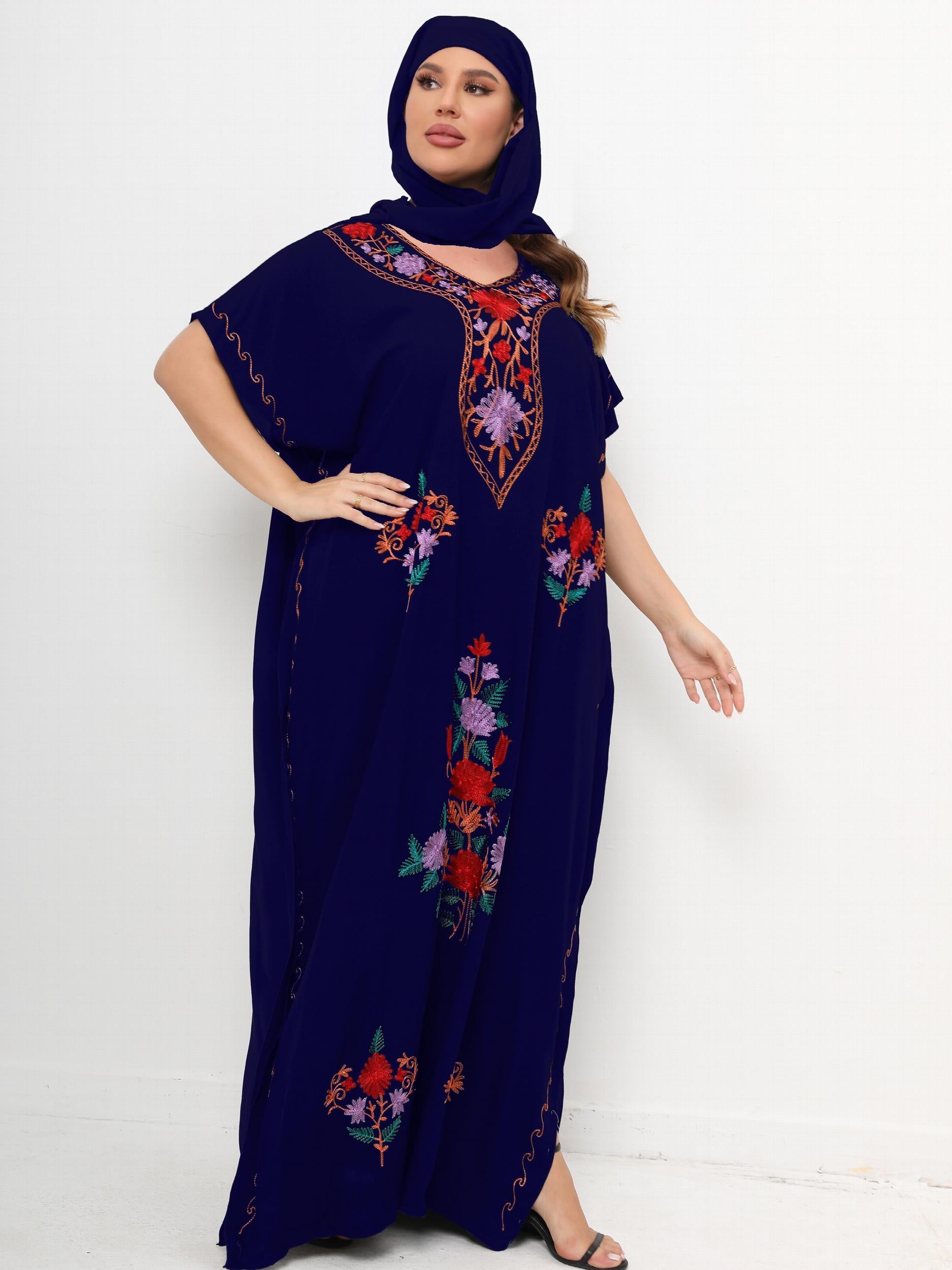 Women's Plus Boho Kaftan Dress Floral Embroidered Batwing Sleeve V Neck Maxi