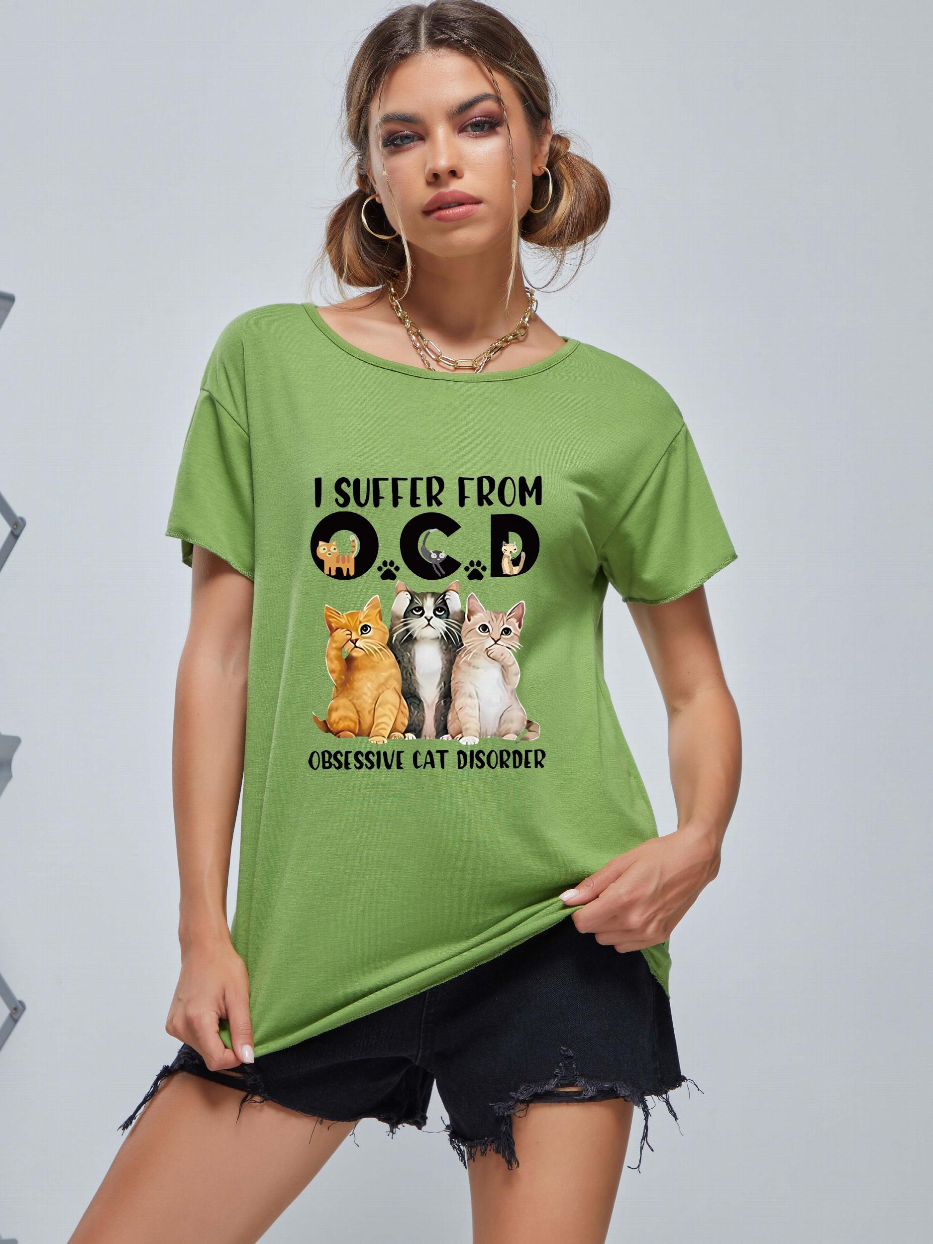 Cat Graphic Casual Tee Round Neck Summer Top Women's Shirts